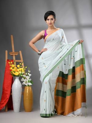 Sea green cotton handwoven saree with texture designs 1