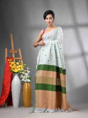 Sea green cotton handwoven saree with texture designs 2