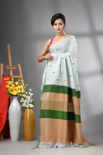 Sea green cotton handwoven saree with texture designs