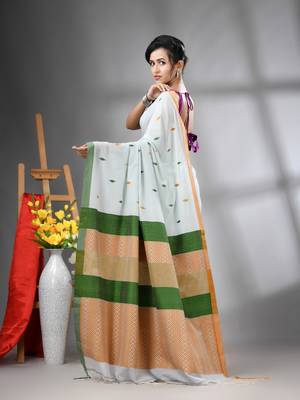 Sea green cotton handwoven saree with texture designs 3