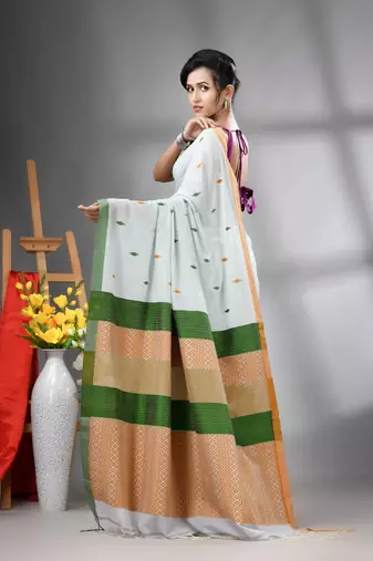 Sea green cotton handwoven saree with texture designs