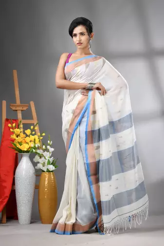 Off white texture motifs cotton saree with zari borders