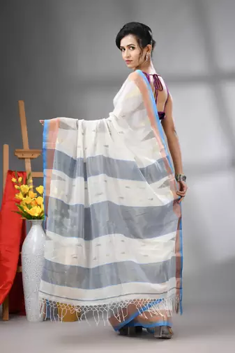 Off white texture motifs cotton saree with zari borders