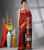 Dark red texture motifs cotton saree with zari borders