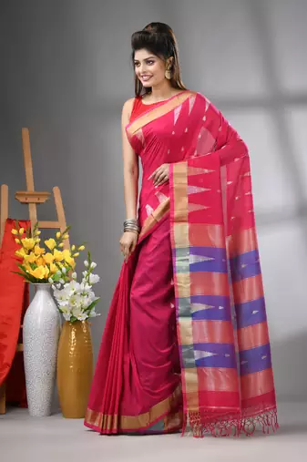 Pink texture motifs cotton saree with zari borders