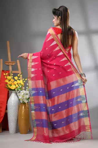 Pink texture motifs cotton saree with zari borders