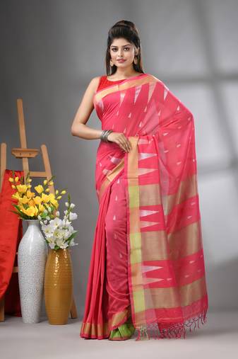 Pink texture motifs cotton saree with zari borders