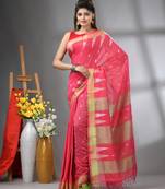 Pink texture motifs cotton saree with zari borders