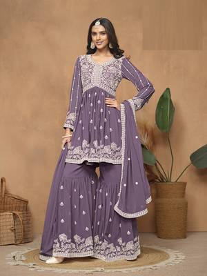 Purple embroidered Faux Georgette Sharara Suit  1
