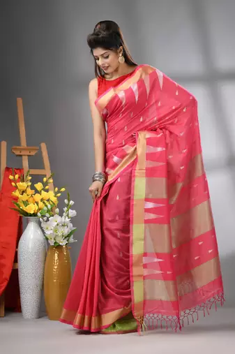 Pink texture motifs cotton saree with zari borders