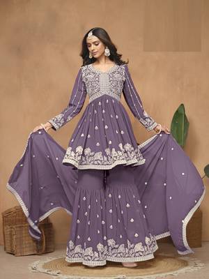 Purple embroidered Faux Georgette Sharara Suit  2