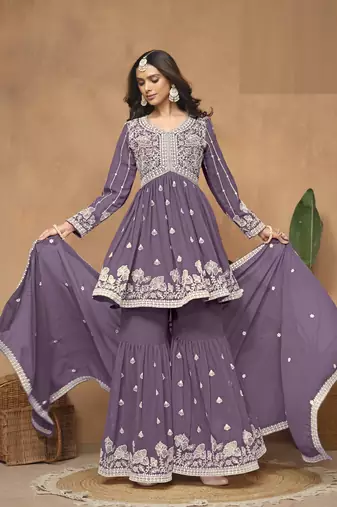 Purple embroidered Faux Georgette Sharara Suit 