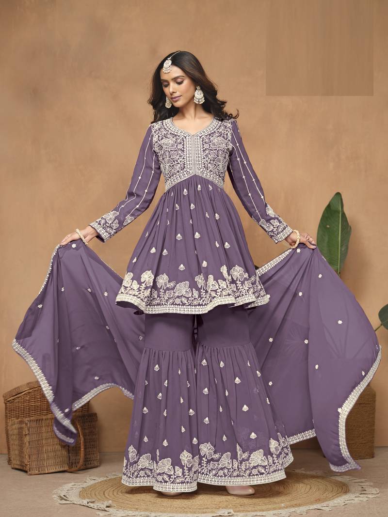Purple Faux Georgette Sharara Suit 
