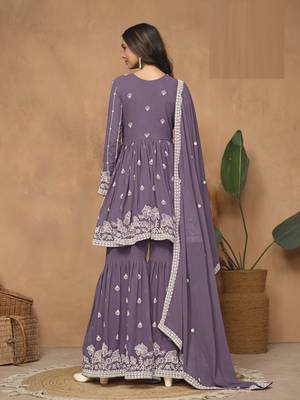 Purple embroidered Faux Georgette Sharara Suit  3