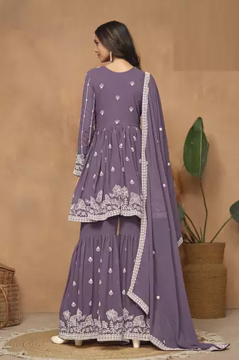 Purple embroidered Faux Georgette Sharara Suit 