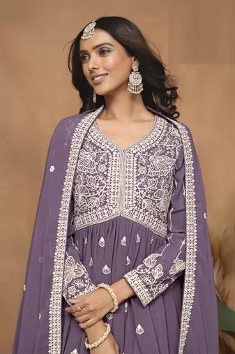 Purple embroidered Faux Georgette Sharara Suit 
