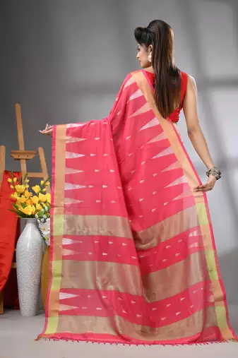 Pink texture motifs cotton saree with zari borders