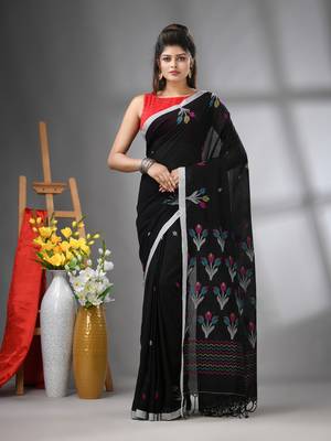 Black cotton handwoven saree with tulip motifs 1