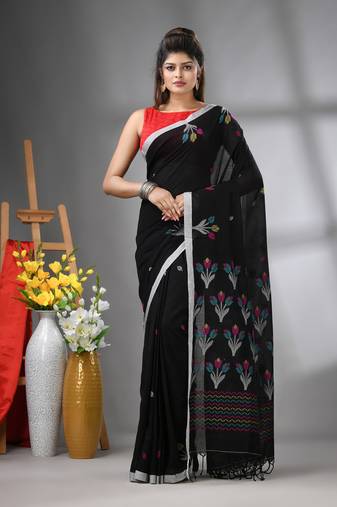 Black cotton handwoven saree with tulip motifs