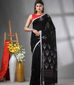 Black cotton handwoven saree with tulip motifs