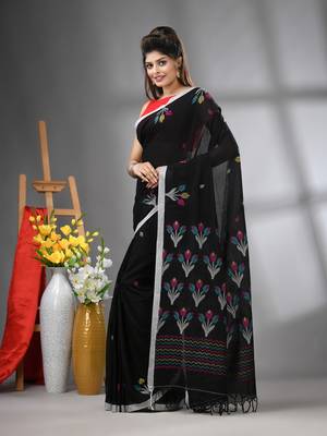 Black cotton handwoven saree with tulip motifs 2