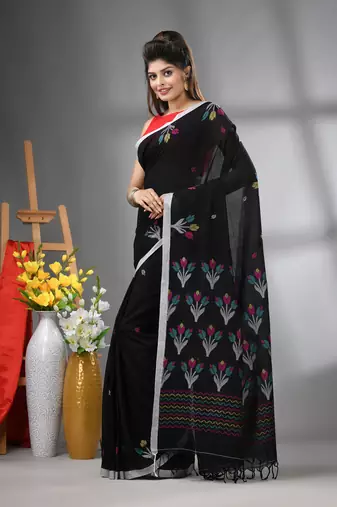 Black cotton handwoven saree with tulip motifs