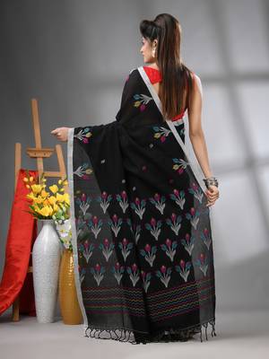 Black cotton handwoven saree with tulip motifs 3