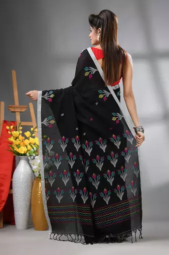 Black cotton handwoven saree with tulip motifs