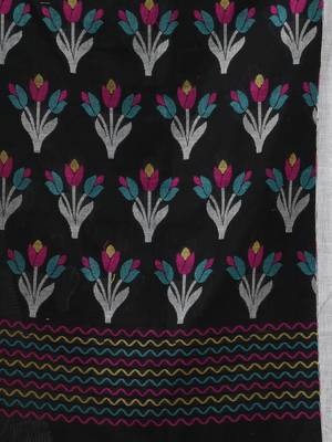 Black cotton handwoven saree with tulip motifs 4