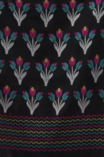 Black cotton handwoven saree with tulip motifs