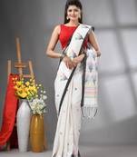 White cotton handwoven saree with tulip motifs