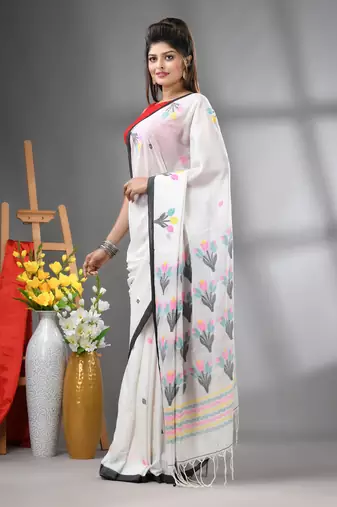 White cotton handwoven saree with tulip motifs