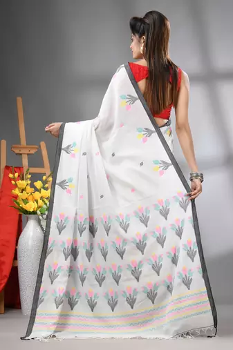 White cotton handwoven saree with tulip motifs