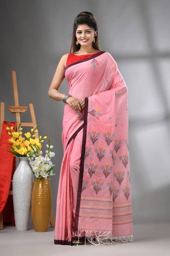 Peach cotton handwoven saree with tulip motifs