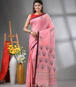 Peach cotton handwoven saree with tulip motifs