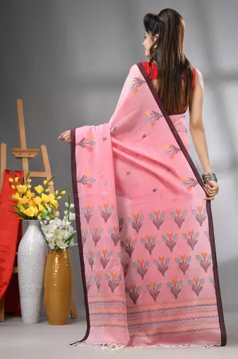 Peach cotton handwoven saree with tulip motifs