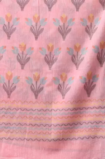 Peach cotton handwoven saree with tulip motifs