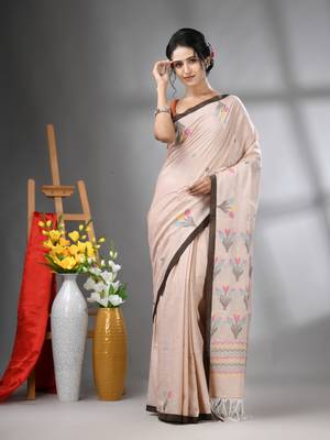 Ecru cotton handwoven saree with tulip motifs 1