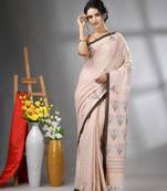 Ecru cotton handwoven saree with tulip motifs