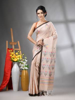 Ecru cotton handwoven saree with tulip motifs 2