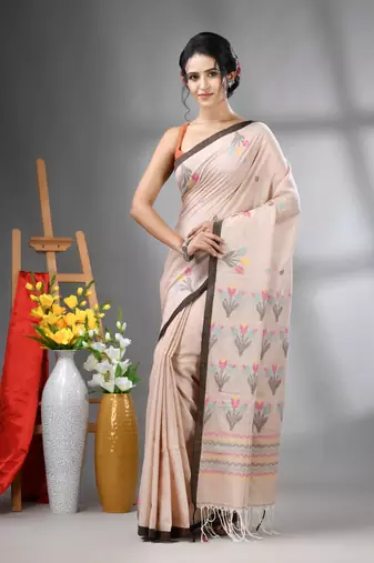 Ecru cotton handwoven saree with tulip motifs