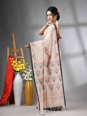 Ecru cotton handwoven saree with tulip motifs 3