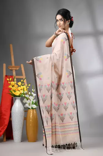 Ecru cotton handwoven saree with tulip motifs