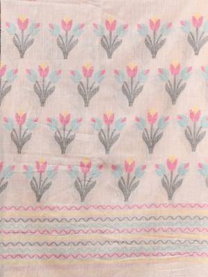 Ecru cotton handwoven saree with tulip motifs 4