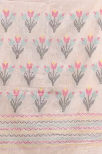 Ecru cotton handwoven saree with tulip motifs