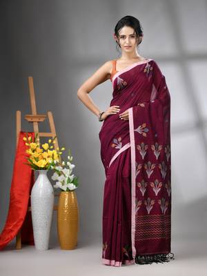 Purple cotton handwoven saree with tulip motifs 1