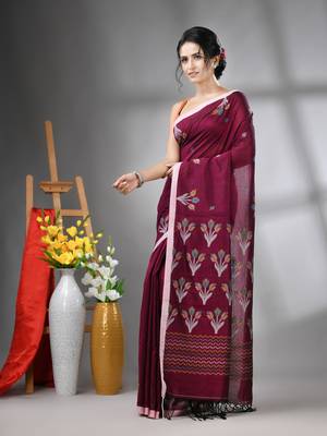Purple cotton handwoven saree with tulip motifs 2