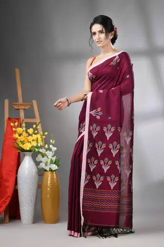 Purple cotton handwoven saree with tulip motifs