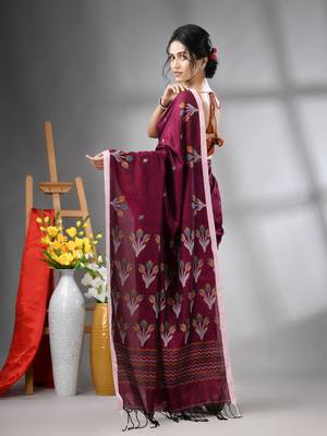 Purple cotton handwoven saree with tulip motifs 3