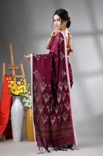 Purple cotton handwoven saree with tulip motifs